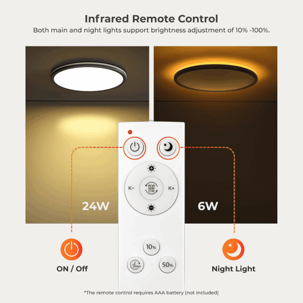 12In LED Flush Mount Ceiling Light Fixture with Remote Control, Nightlight 2000K Warm, 3000K-6500K Adjustable, Low Profile Ceiling Lights for Bedroom, Kitchen, Living Room, Black - Image 6