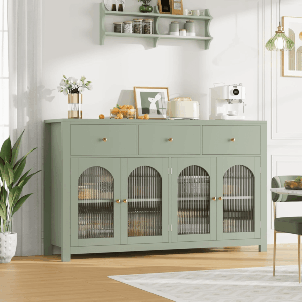 Buffet Cabinet with Storage, 55.1" Large Sideboard Buffet, Farmhouse Kitchen Cabinet with 3 Drawers and 4 Doors, Wood Coffee Bar Table for Kitchen, Green - Image 2