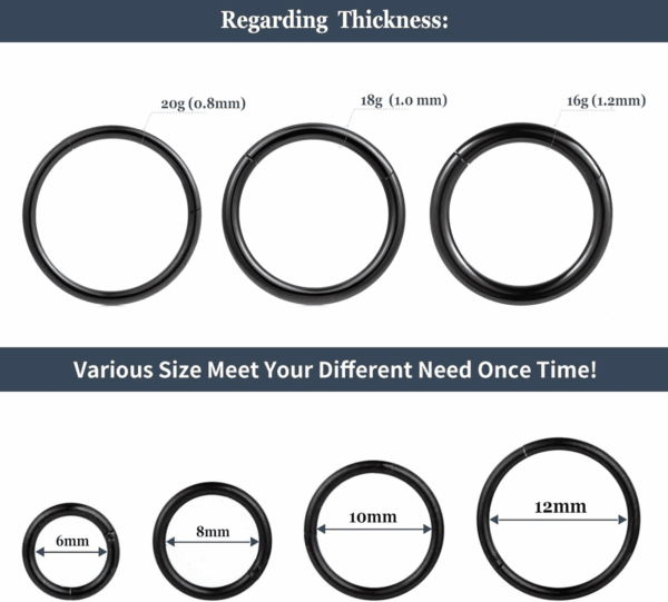 4Pcs 16G 18G 20G Surgical-Steel-Piercing-Ring-Nose-Rings-Hinged-Hoop-Earrings,6Mm 8Mm 10Mm 12Mm Seamless Stainless Steel Clicker Eyebrow Septum Piercing Hoop,Sliver Black Gold Rose Gold Rainbow Body Jewelry Set - Image 6