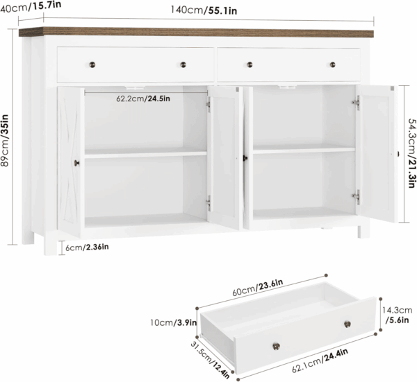 Sideboard Buffet Cabinet with Storage, 55" Large Kitchen Storage Cabinet with 2 Drawers and 4 Doors, Wood Coffee Bar Buffet Table Console Table for Kitchen Dining Room, White - Image 3