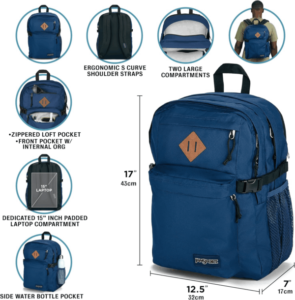 Main Campus Backpack - Travel or Work Backpack W 15-Inch Laptop Sleeve and Dual Water Bottle Pockets, Navy - Image 7