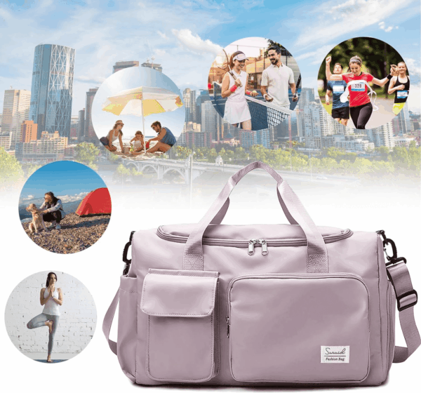Travel Duffel Bag with Shoes Compartment Sports Gym Bag with Dry Wet Separated Pocket for Men and Women, Overnight Bag Weekender Bag Training Handbag Yoga Bag - Brown Pink - Image 6