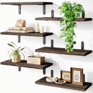 Wood Floating Shelves - Set of 6, Wall Mounted, Farmhouse Style for Bedroom & Bathroom