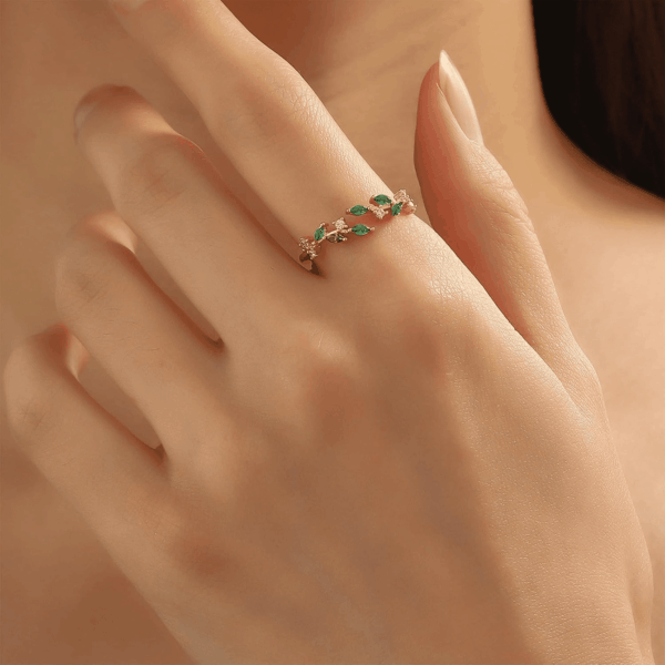 18K Gold Plated Ring Open Adjustable Ring Cubic Zirconia Leaf Ring for Women Dainty Stackable Rings for Women - Image 2