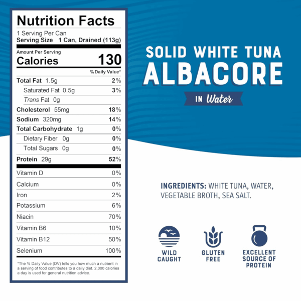 Solid White Albacore Tuna in Water, 5 Oz Can (Pack of 8) - Wild Caught Tuna - 29G Protein per Serving, High in Omega-3S - Non-Gmo Project Verified, Gluten Free, Kosher - Image 3