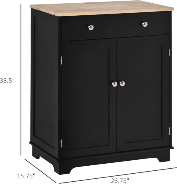 Sideboard with Solid Wood Countertop, Modern Kitchen Storage Cabinet, Coffee Bar Cabinet with 2 Drawers, Doors and Adjustable Shelf, Black - Image 3