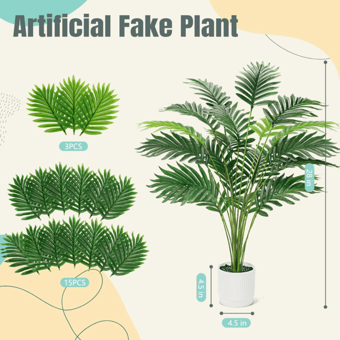 28'' Artificial Palm Tree Large Fake Tropical Faux Plants Indoor and Outdoor for Home Bathroom Porch outside Patio Decor (White Pot) - Image 3