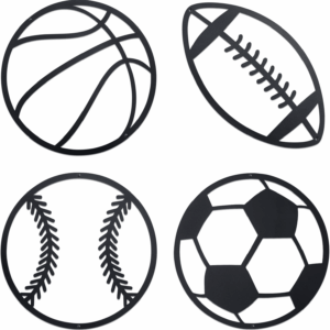Metal Sports Sign Wall Decor,Basketball Soccer Baseball and Football Art,Sports Room Decor for Kids Teen Boy Son,Sports Themed Bedroom Playroom Nursery Decor 4Pcs Black