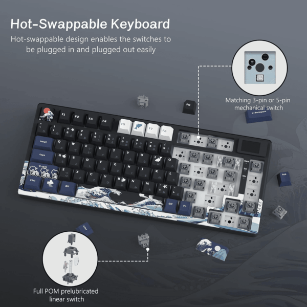 S-K80 75% Keyboard with Color Multimedia Display Mechanical Gaming Keyboard, Wired Hot Swappable Gasket Mount RGB Custom Key Board, Pre-Lubed Stabilizer for Mac/Win, Black Kanagawa - Image 4