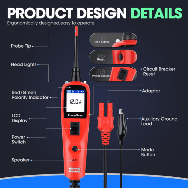 Powerscan Automotive Circuit Tester, Power Circuit Probe Tool, 12-24V Electrical Short Open Breaker Circuit Finder, AC/DC Current Resistance, Duty Cycle, & 20FT Extension Cord, for 99% Cars - Image 7
