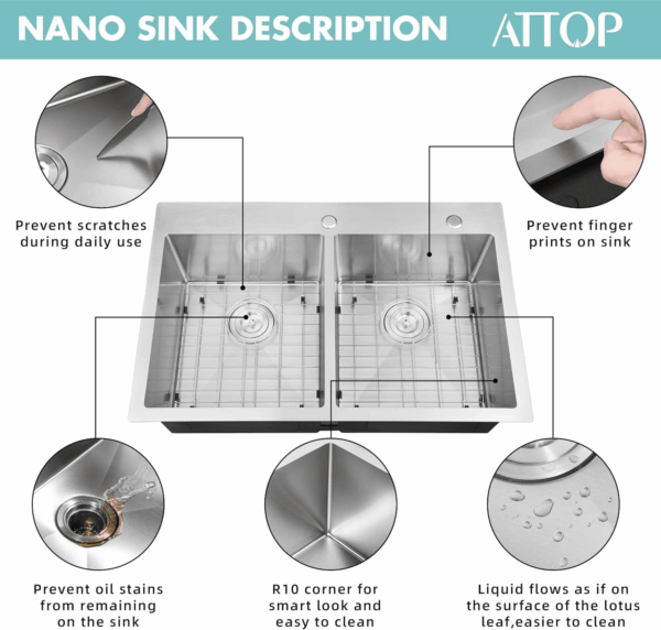 33 Inch Large Double Bowls Drop in Kitchen Sink,Nano Coating Stainless Steel Handmade Topmount Kitchen Sink - Image 4