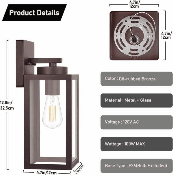 Outdoor Wall Light Fixtures, Exterior Waterproof Wall Lanterns, Brown Porch Sconces Wall Mounted Lighting with E26 Sockets & Glass Shades, Modern Wall Lamps for Patio Front Door Entryway, 2-Pack - Image 5
