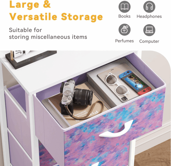 Dresser with 4 Drawers - Storage Tower Unit, Dresser for Bedroom, Living Room, Closets - Sturdy Steel Frame, Wooden Top & Easy Pull Fabric Bins, Purple - Image 5
