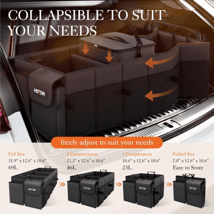 Trunk Organizer, Sturdy Foldable with Cooler for Car & SUV, 3 Compartments, Black, 30.90'12.60'10.63' - Image 5