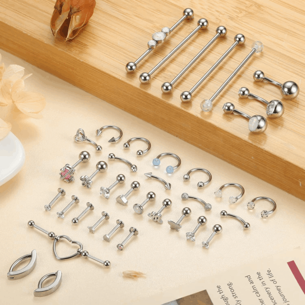 37 Pcs 14G-16G Body Piercing Jewelry for Women 316L Stainless Steel Industiral Cartilage Earrings Clicker Belly Button Rings Lip Eyebrow Rings Horsehoe Septum Rings Body Piercing Jewelry Set - Image 2