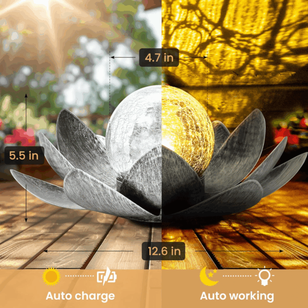 Solar Light Outdoor Garden Decor, Lotus Flower Light Crackle Globe Glass Lantern Outdoor Table Decor Waterproof for Patio, Lawn, Pathway, Pool, Pond (Grey Petal) - Image 3