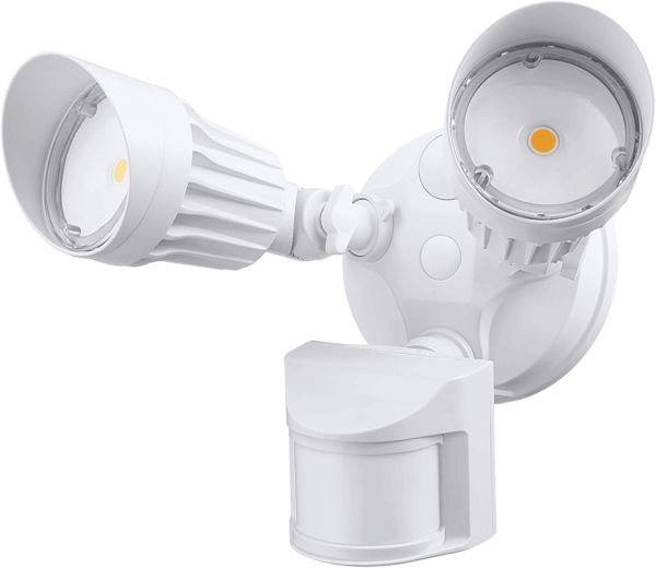 COB LED Security Light, Motion Sensor Flood Lights Outdoor, Aluminum, 3 Modes Motion Detector+Dusk to Dawn+Switch Control, 100-277V, Adjustable 2-Head, IP65, 3000K Warm White, ETL, White