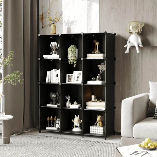 Cube Storage Organizer Closet Storage Shelves DIY Stackable Plastic Storage 12 Cube Bookshelf, Ideal Storage Organizer for Closet, Home, Bedroom, Black - Image 6