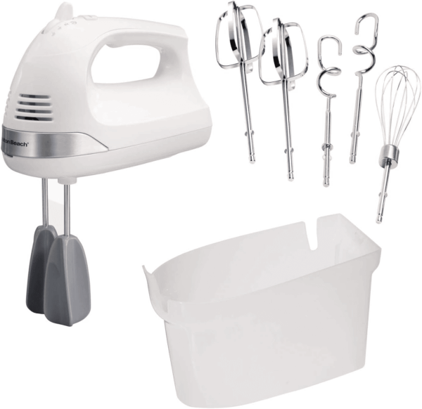 6-Speed Electric Hand Mixer with Whisk, Dough Hooks and Easy Clean Beaters, Powerful 275 Watt Motor, Snap-On Storage Case, White