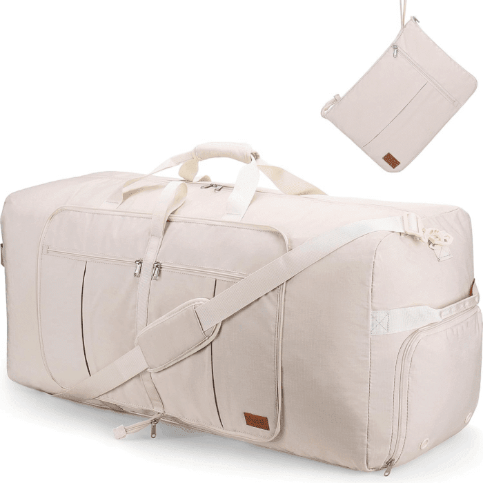 120L Travel Duffle Bag for Men and Women,  34” Large Duffle Bag for Traveling with Shoe Compartment, Foldable Duffel Bag Water & Tear Resistant (Beige)