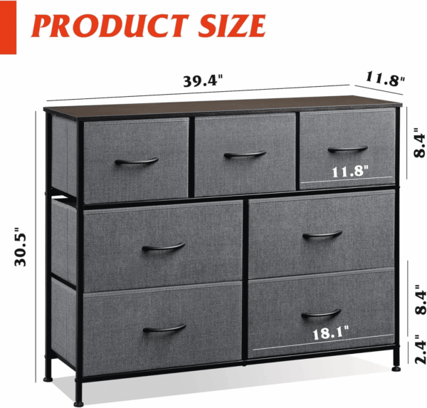 7 Drawer Dresser TV Stand, Entertainment Center, Media Console Table with Metal Frame and Wood Top for TV up to 45 Inch, Chest of Drawers for Bedroom, Living Room, Dark Grey - Image 3