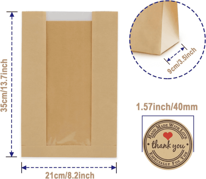Pack of 35 Paper Bread Bags for Homemade Bread, Paper Bakery Bag for Baked Food Packaging Storage, Large Kraft Paper Bread Loaf Bag with Window Label Seal Sticker Included Pack of 35,12.5X8.3X4 Inches - Image 3