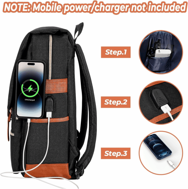 Vintage Laptop Backpack for Women Men,15.6 Inch Bookbag Casual Daypack with USB Charging Port for College Work, Black Backpacks - Image 3
