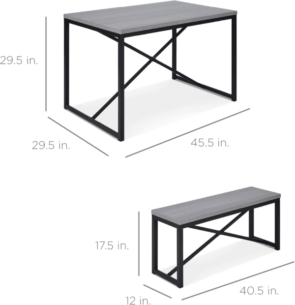 45.5In 3-Piece Bench Style Dining Furniture Set, 4-Person Space-Saving Dinette for Kitchen, Dining Room W/ 2 Benches, Table - Gray/Black - Image 7