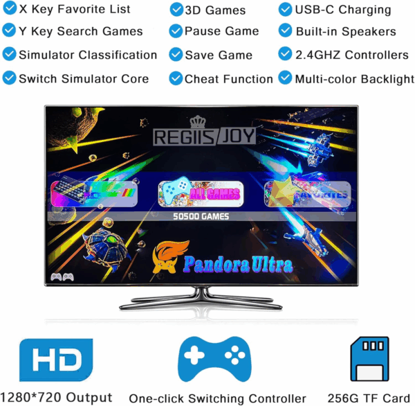 50000 in 1 Pandoras Box Ultra Arcade Game Console , Retro Game Machine for PC & Projector & 4K TV, 3D Games, Search/Save/Load/Pause Games, 1280X720,256G TF, USB-C Charging,Built-In Speaker - Image 2