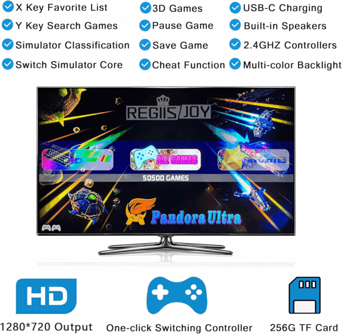50000 in 1 Pandoras Box Ultra Arcade Game Console , Retro Game Machine for PC & Projector & 4K TV, 3D Games, Search/Save/Load/Pause Games, 1280X720,256G TF, USB-C Charging,Built-In Speaker - Image 2
