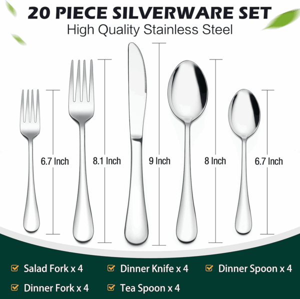 20 Piece Silverware Flatware Cutlery Set, Stainless Steel Utensils Service for 4, Include Knife Fork Spoon, Mirror Polished, Dishwasher Safe - Image 2