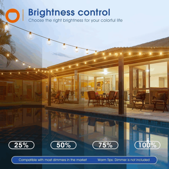 100FT(50FT*2) LED Outdoor String Lights Waterproof Patio Lights with Shatterproof ST38 Replaceable Bulbs, Dimmable outside Hanging Light Connectable for Porch, Backyard, 2200K - Image 5