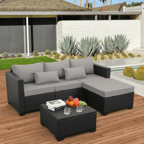 3 Pieces Patio Furniture Set Outdoor Sectional Wicker Patio Furniture Patio Couch with Ottoman and Outdoor Storage Table All-Weather Anti-Slip Cushions Waterproof Covers, Light Grey - Image 3