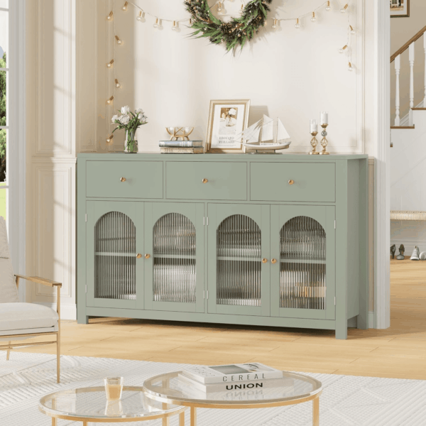 Buffet Cabinet with Storage, 55.1" Large Sideboard Buffet, Farmhouse Kitchen Cabinet with 3 Drawers and 4 Doors, Wood Coffee Bar Table for Kitchen, Green - Image 4