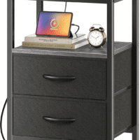 Nightstand with Charging Station, Side Table with Fabric Drawers, End Table with Open Shelf, Bedside Table with USB Ports and Outlets, Night Stand for Bedroom, Charcoal Gray