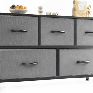 Dresser for Bedroom with 5 Drawers, Wide Chest of Drawers, Fabric Bedroom Dresser with Drawer Organizers, Storage Organizer Unit with Fabric Bins for Closet, Living Room, Hallway, Grey
