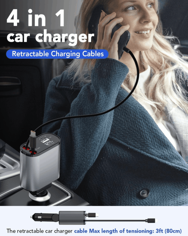 Retractable Car Charger Adapter,4 in 1 Fast Charging Car Phone Charger,69W USB C Car Truck Accessories,Road Trip Essentials Gift for Men Women for Iphone 16/15/14/13/12/11,Galaxy,Pixel - Image 6
