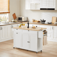 60" Kitchen Island with Power Outlet & Drop Leaf, Kitchen Rolling Island with Spice Rack & Towel Rack, Knife Holder, Kitchen Island Cart with Trash Storage Cabinet, Mobile Island Table for Kitchen - Image 3