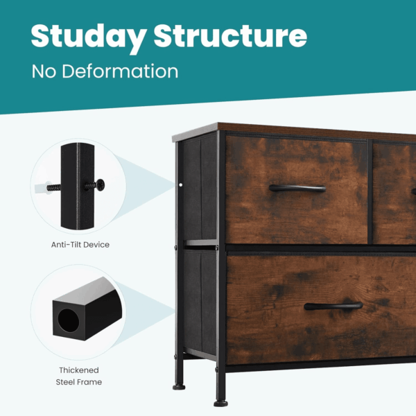 Dresser for Bedroom with 5 Drawers, Wide Chest of Drawers, Fabric Bedroom Dresser with Drawer Organizers, Storage Organizer Unit with Fabric Bins for Closet, Living Room, Hallway, Rustic Brown - Image 6