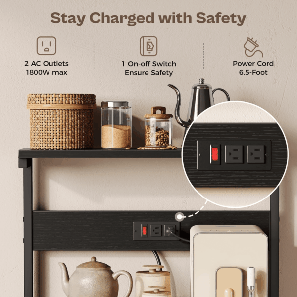 Kitchen Bakers Rack with Power Outlet, Coffee Bar Table 4 Tiers, Kitchen Microwave Stand with 6 S-Shaped Hooks, Kitchen Storage Shelf Rack for Spices, Pots and Pans - Black - Image 3