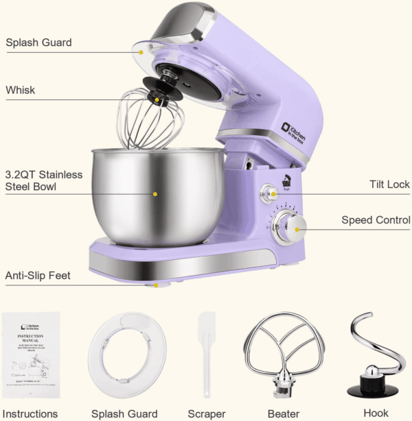 Stand Mixer,  3.2Qt Small Electric Food Mixer,6 Speeds Portable Lightweight Kitchen Mixer for Daily Use with Egg Whisk,Dough Hook,Flat Beater (Purple) - Image 3