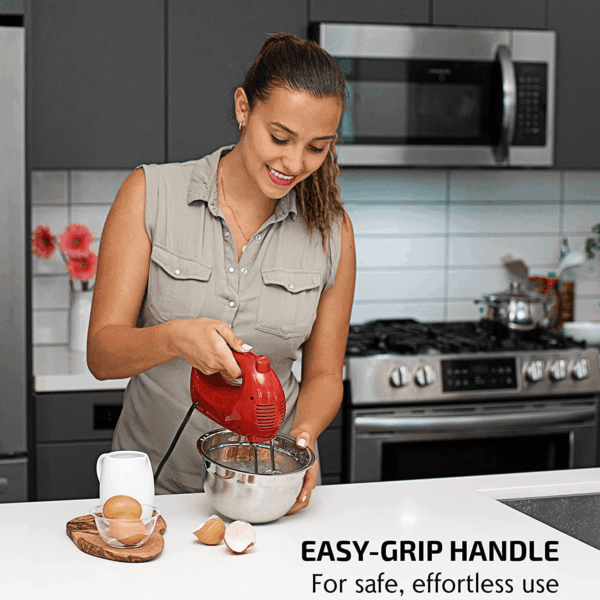 Portable 5 Speed Mixing Electric Hand Mixer with Stainless Steel Whisk Beater Attachments & Snap Storage Case, Compact Lightweight 150 Watt Powerful Blender for Baking & Cooking, Red HM151R - Image 4