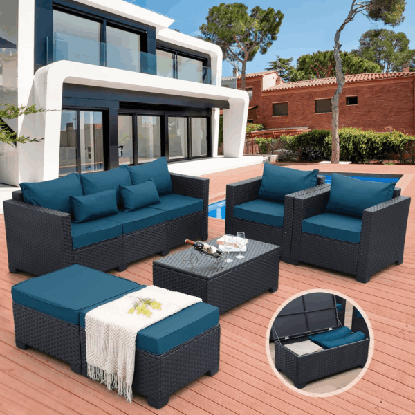 Patio Furniture Set 6 Pieces Couch Outdoor Chairs Coffee Table Peacock Blue Anti-Slip Cushions and Waterproof Covers - Image 2