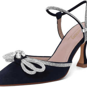Women'S Closed Toe Rhinstone Wedding Low Heel Slingback Clear Kitten Heels,Adjustable Strap Pointed Toe Bow Pumps High Heeled Prom Dress Shoes