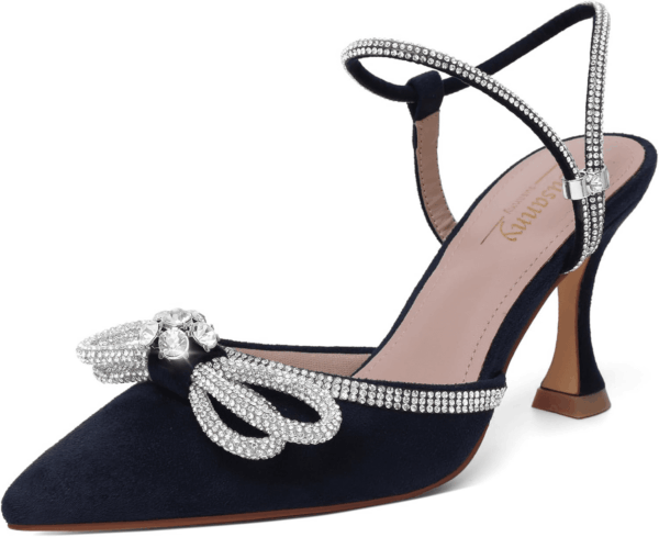 Women'S Closed Toe Rhinstone Wedding Low Heel Slingback Clear Kitten Heels,Adjustable Strap Pointed Toe Bow Pumps High Heeled Prom Dress Shoes
