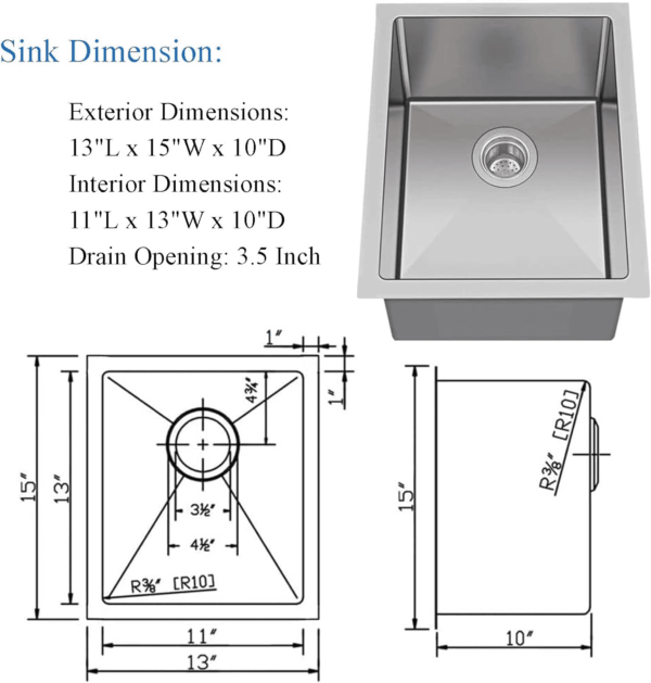 Undermount Bar Sink Stainless Steel- 13X15 Inch Small Kitchen Wet Bar Sink Stianless Steel 16 Gauge Deep Single Bowl Kitchen Sinks with Bottom Dish Grid&Strainer - Image 8