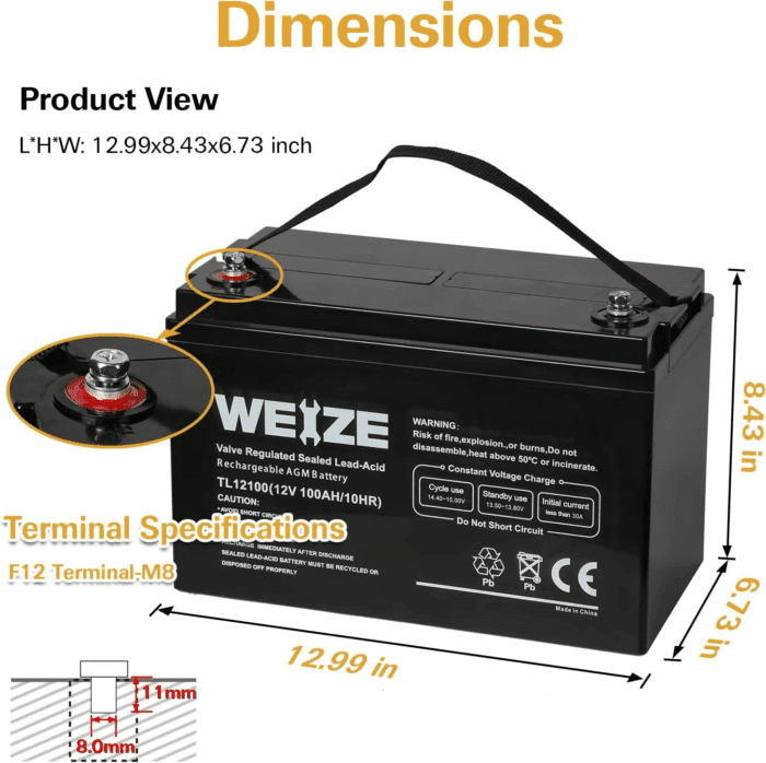 Deep Cycle AGM 12 Volt 100Ah Battery, Maintenance-Free, 3% Self-Discharge Rate, 1150A Max Discharge Current, Perfect for RV, Solar, Trolling Motor, Wind, Marine, Camping and Off-Grid System - Image 2
