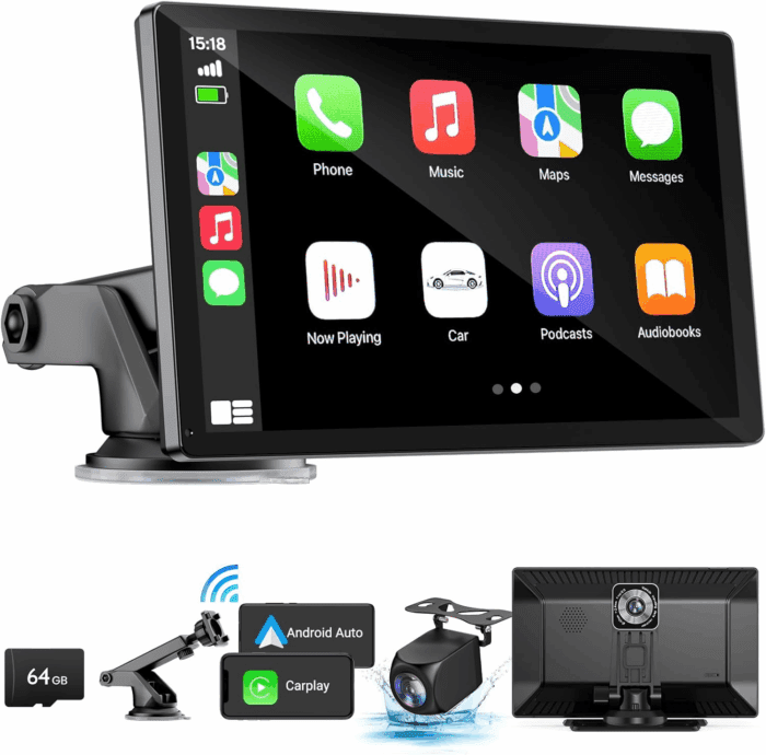 Wireless Apple Carplay Screen for Car 4K Dash Cam, 9" Portable Apple Carplay & Android Auto Car Stereo, with 1080P Backup Camera, GPS Navigation/Mirror Link/Voice Control/Bluetooth