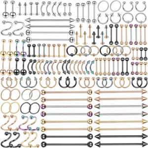 150PCS Piercing Kit Jewelry Stainless Steel Lip Nose Tongue Tragus Cartilage Daith Eeybrow Belly Button Rings Body Piercing Tools 14G 16G 20G