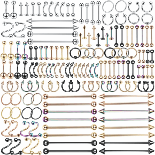 150PCS Piercing Kit Jewelry Stainless Steel Lip Nose Tongue Tragus Cartilage Daith Eeybrow Belly Button Rings Body Piercing Tools 14G 16G 20G